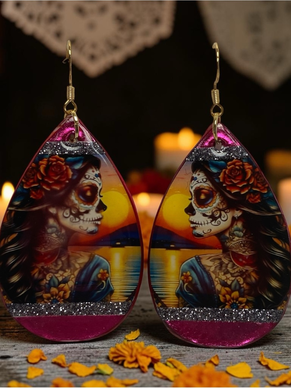 Vibrant Pink Day of the Dead Teardrop Earrings with Sugar Skull Artwork